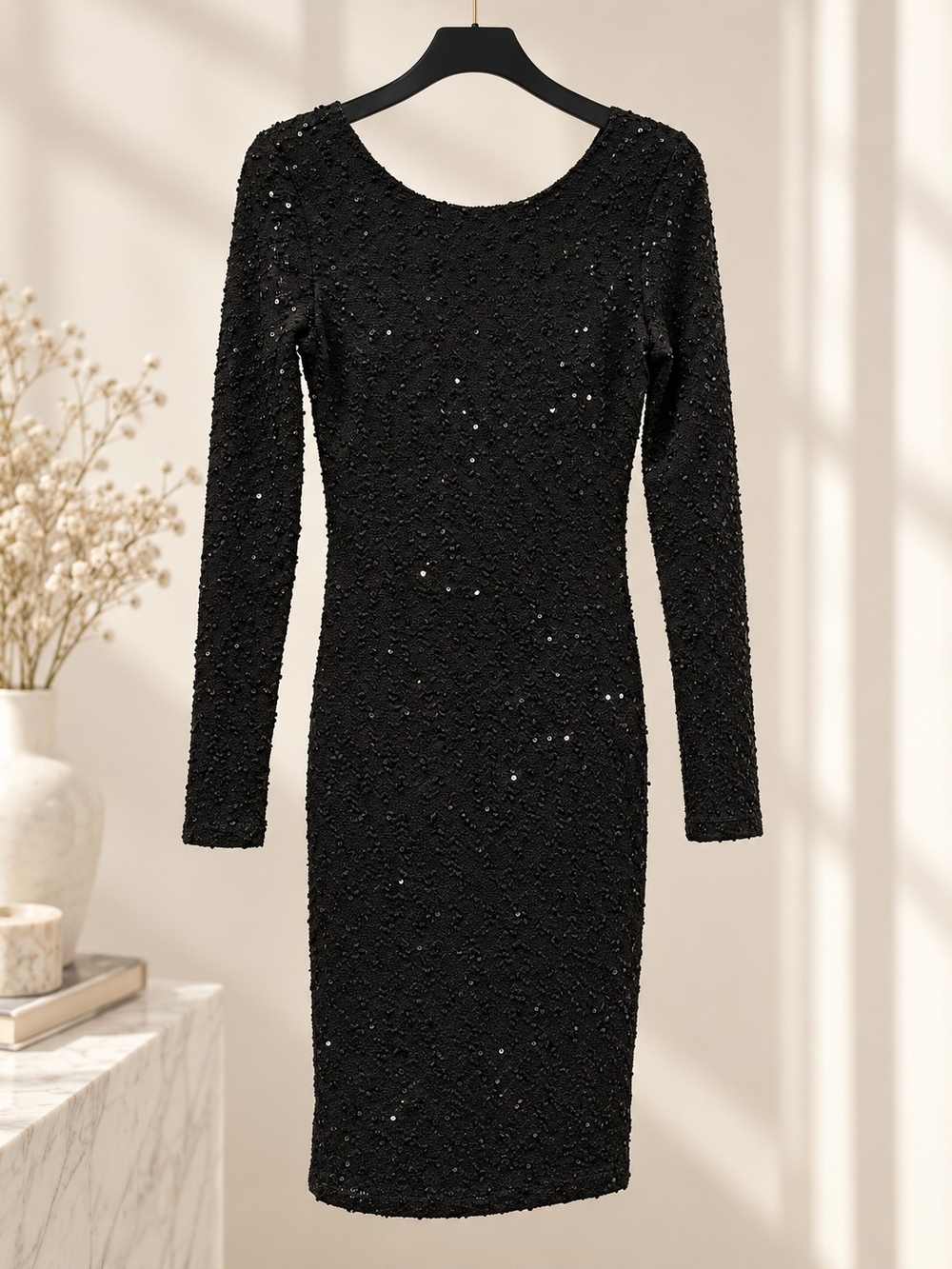 Jennifer Lopez Black Long-Sleeve Sequin Sheath Dress Small